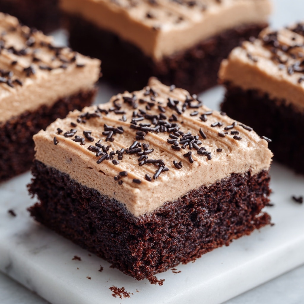 A close-up view of several rectangular slices of chocolate cake placed on a white marbled surface. Each slice has two layers: a thick dark brown chocolate cake base and a top layer of light brown chocolate frosting with a smooth, creamy texture. The frosting is evenly spread with vertical ridges and is sprinkled with small dark and light brown chocolate sprinkles scattered on top and around the slices. The cake crumbs and sprinkles are visible on the white marbled surface around the slices. photo taken with an iphone --ar 4:5 --v 7