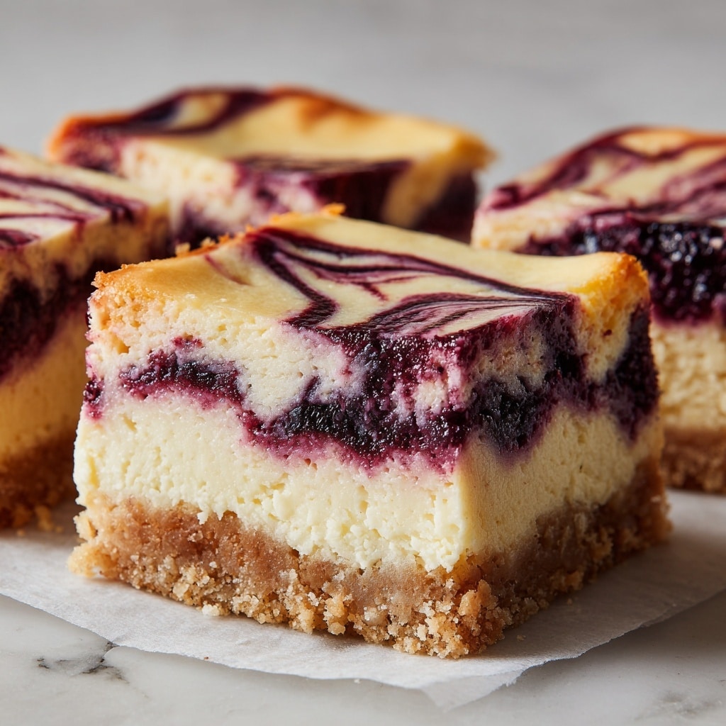 A close-up of a square dessert bar showing three layers: the bottom layer is a crumbly, light brown biscuit crust with a rough texture; the middle layer is a thick, creamy pale yellow cheesecake filling that looks smooth and dense; the top layer has swirls of dark purple berry sauce, creating a marbled pattern over the pale yellow cheesecake. The dessert rests on white parchment paper on a white marbled surface. photo taken with an iphone --ar 4:5 --v 7