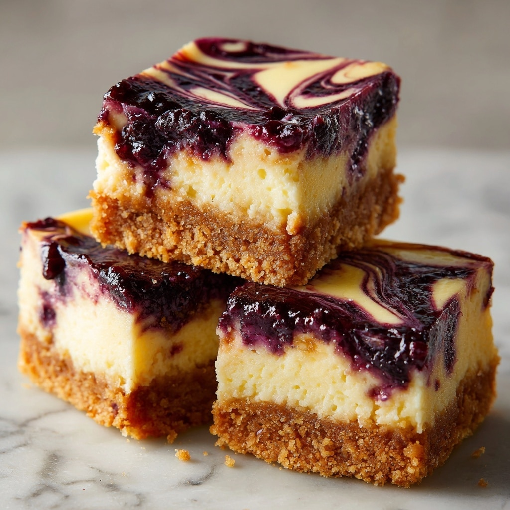 The dish shows three square cheesecake bars stacked closely on a white marbled surface. Each bar has three visible layers: a bottom layer of crumbly light brown crust with a rough texture, a thick middle layer of smooth pale yellow cheesecake, and a top layer decorated with glossy dark purple blueberry jam swirled with creamy light yellow cheesecake in an abstract pattern. The top layer's jam appears shiny and slightly textured from the fruit pieces, while the cheesecake layers look soft and moist. Photo taken with an iphone --ar 4:5 --v 7