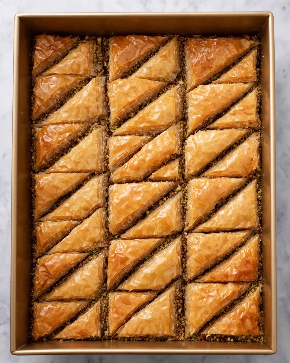 A rectangular gold baking tray filled with baked baklava cut into diamond shapes. The top layer is golden brown, flaky, and crispy phyllo dough that covers multiple visible layers beneath, with small bits of nuts peeking through the edges. The baklava pieces are neatly arranged in vertical rows with diagonal cuts forming the diamond shapes. The texture appears crisp on the top and there is a dense mix of finely chopped nuts between the phyllo layers. The tray sits on a white marbled texture. photo taken with an iphone --ar 4:5 --v 7