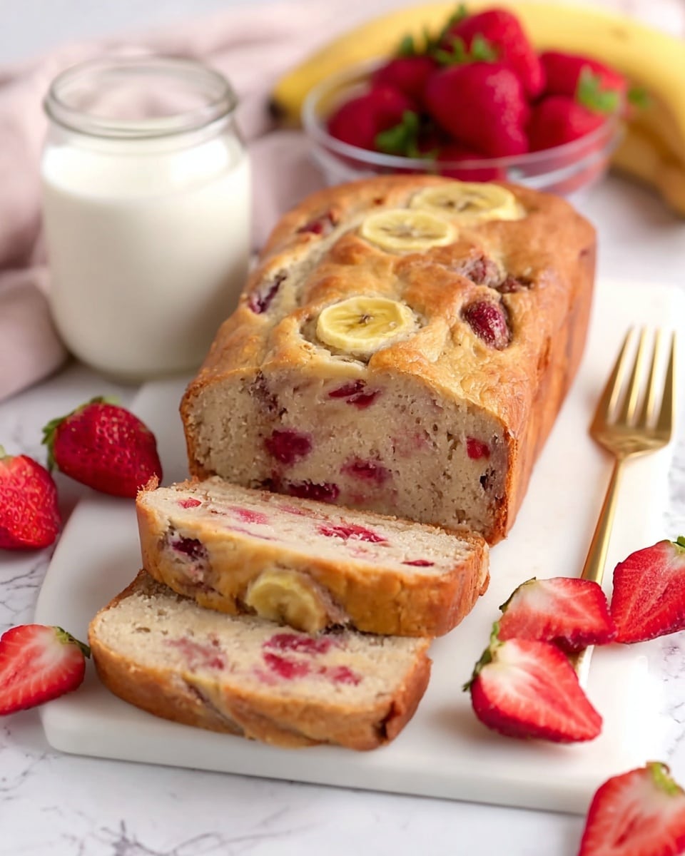 A loaf of banana strawberry bread sits on a white marbled surface with three slices cut and laid in front, showing a soft, light brown interior dotted with red strawberry pieces and bits of banana. The top of the loaf is golden brown with two banana slices embedded, adding texture. Around the bread, there are fresh strawberries and banana slices placed casually. In the background, a clear bowl filled with full strawberries and a glass of milk are slightly out of focus. A gold fork is placed next to the bread, enhancing the warm, homey feel. Photo taken with an iphone --ar 4:5 --v 7