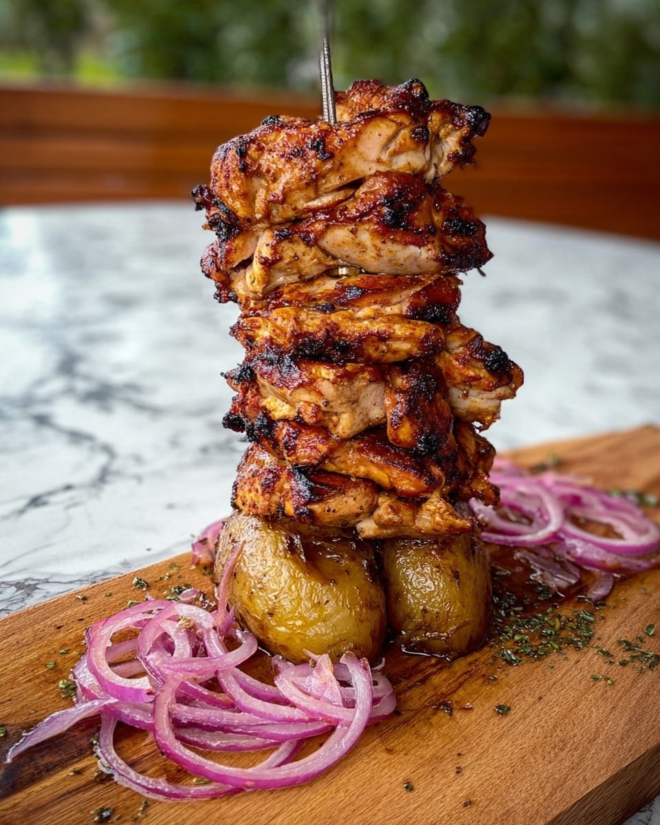 The image shows a vertical stack of grilled chicken pieces with a golden-brown, slightly charred texture, held together by two metal skewers going through the center. At the bottom of the stack are two thick, browned roasted potatoes, resting on a wooden board. Surrounding the stack on the board are several thinly sliced red onions, slightly wilted with a glossy texture, adding a pop of purple color. The background includes a wooden floor and some greenery blurred out, with the surface underneath the board changed to a white marbled texture. Photo taken with an iphone --ar 4:5 --v 7