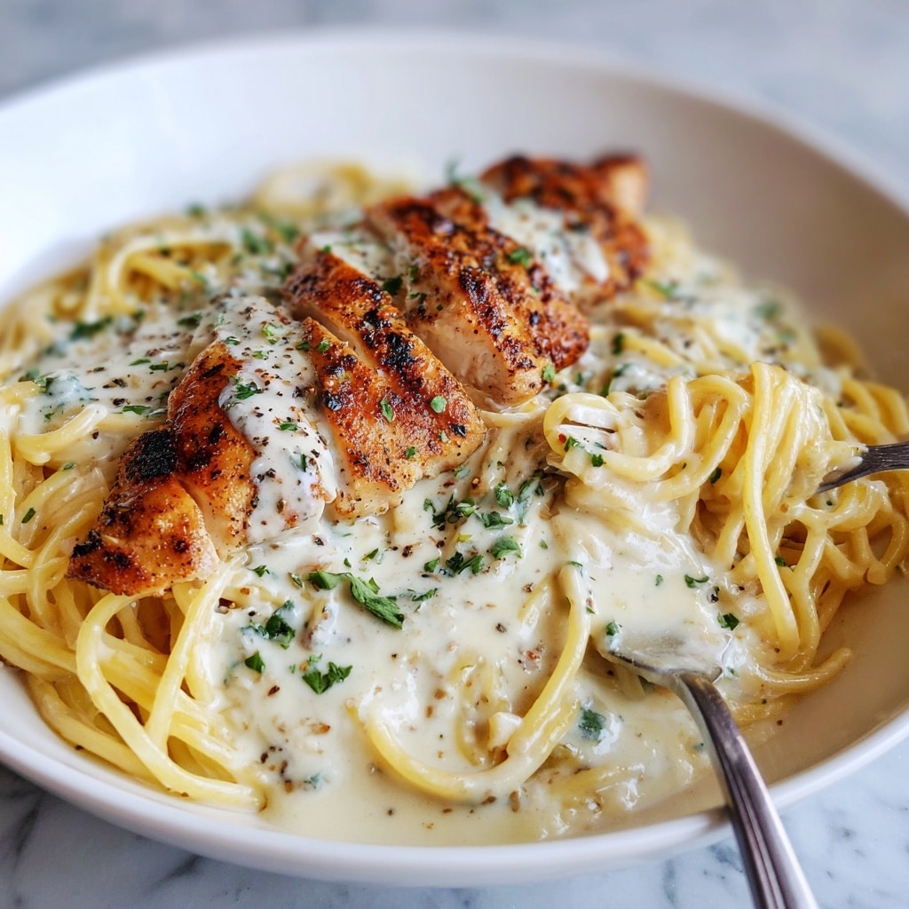 The image shows a close-up of creamy pasta with a piece of grilled chicken on top. The bottom layer is soft yellow spaghetti noodles mixed with thick, white creamy sauce that looks rich and smooth. Scattered on the pasta and chicken are small bits of green parsley and black pepper, adding color and texture. The grilled chicken breast appears golden brown with some seasoning and is covered lightly by the same creamy sauce. A silver fork is twirling some pasta near the center right of the image. The whole dish is placed on a white marbled surface. Photo taken with an iphone --ar 4:5 --v 7