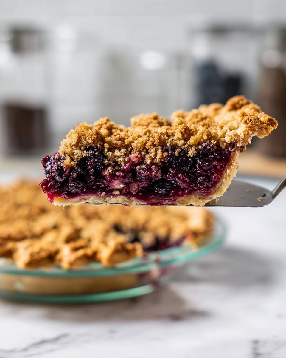 A slice of deep purple mixed berry pie with a thick, crumbly golden brown topping is lifted from a full pie beneath it on a clear glass pie dish. The pie has three visible layers: a light golden-brown crust at the bottom and edges, a juicy, dark berry filling with a glossy texture in the middle, and a rough, oat-like crumb topping in a warm brown shade on top. The slice is held by a metal pie server, and the background shows a soft focus of a white marbled surface and blurred kitchen items. photo taken with an iphone --ar 4:5 --v 7