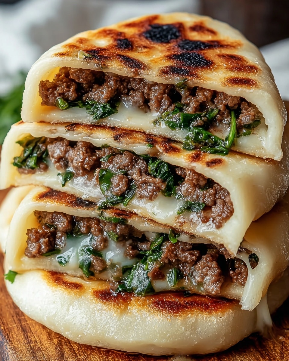 A close-up view of four thick flatbreads stacked on top of each other, each bread is golden-brown on the outside with dark grill marks and a soft, white dough interior. Inside each bread, there are two main filling layers: small, browned pieces of ground meat and bright green leafy herbs, both nestled between the dough layers. The breads are cut in half, showing the juicy, textured meat and fresh herbs clearly in the middle. The flatbreads rest on a white plate on a white marbled surface, and steam rises gently from their warm surface. Photo taken with an iphone --ar 4:5 --v 7