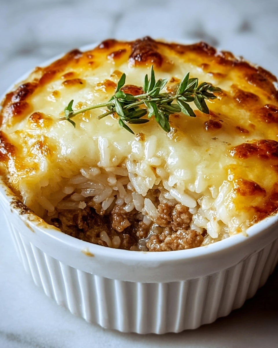 A white round ramekin filled with a baked dish showing three clear layers: the bottom layer is finely crumbled browned meat, the middle layer consists of soft cooked white rice mixed with a creamy sauce, and the top layer is golden brown melted cheese with small crispy browned spots and a few sprigs of fresh green herbs placed on the center. Some rice sticks out over the edge of the ramekin. The background is a white marbled texture. Photo taken with an iphone --ar 4:5 --v 7