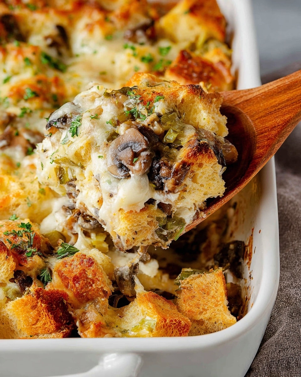A white baking dish filled with a three-layer casserole is shown with a wooden spoon lifting a portion. The bottom layer is soft and golden-brown bread cubes, lightly toasted and slightly crumbly. The middle layer contains light cream sauce mixed with cooked mushrooms and bits of green vegetables, giving a mix of creamy white, brown, and green colors with a soft, smooth texture. The top layer is a browned, melted cheese crust with a rough, bubbly surface, sprinkled with fresh green herbs. The edges of the dish have some toasted cheese bits stuck to the sides. Photo taken with an iphone --ar 4:5 --v 7