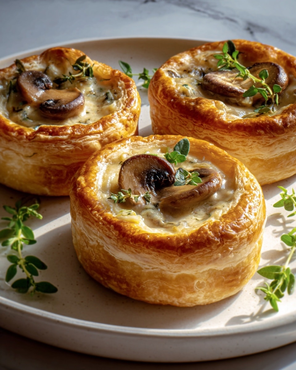The image shows three round puff pastry shells with golden-brown, flaky layers forming tall edges that hold a creamy mushroom filling. The filling is light beige and smooth, topped with two slices of dark brown mushrooms and small sprigs of fresh green herbs on each. The pastries are arranged on a white plate that sits on a white marbled surface. Small green herb pieces are scattered around the plate, adding a fresh touch. The photo is taken with an iphone --ar 4:5 --v 7
