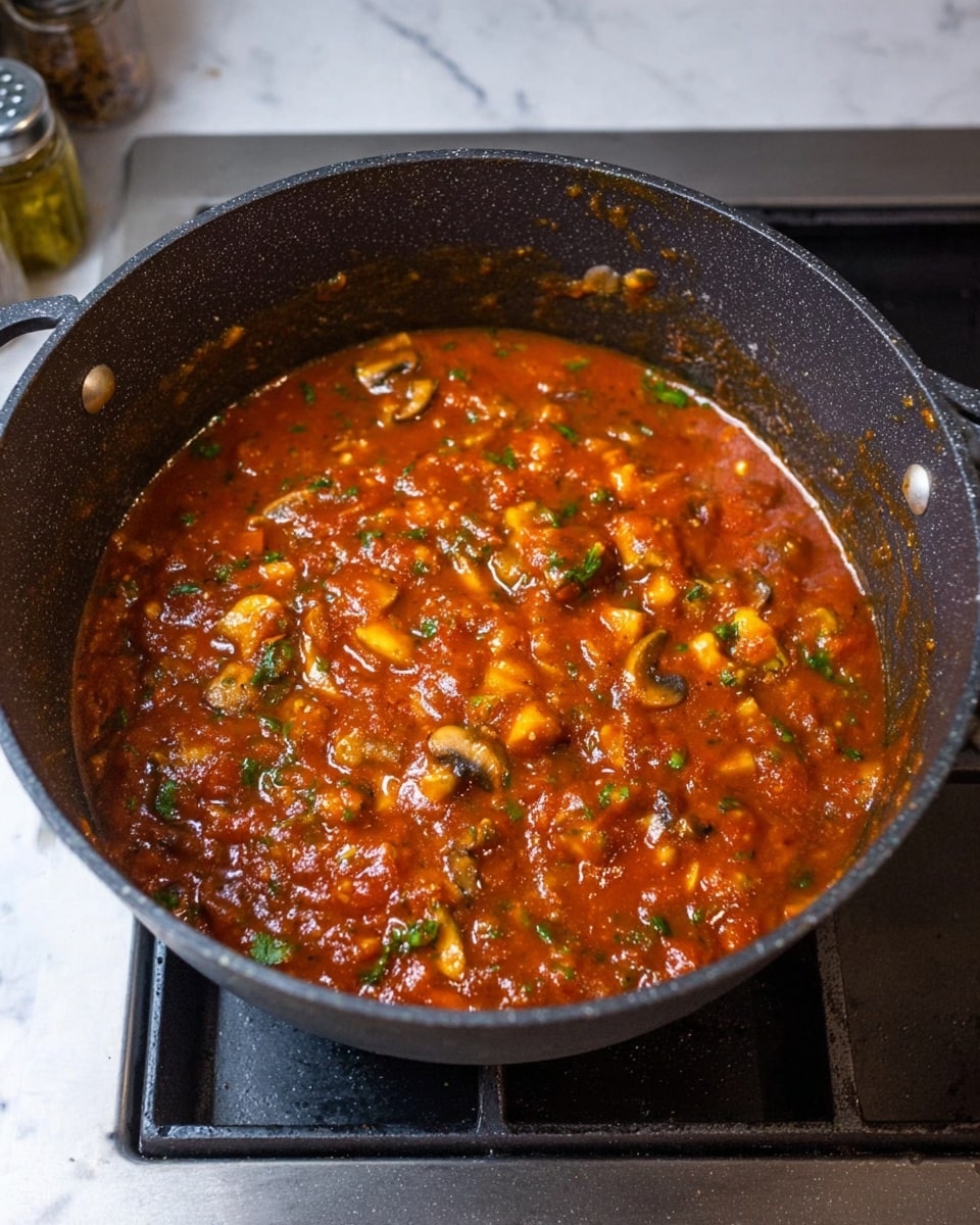 A white shallow bowl filled with a thick, brown-red sauce containing visible slices of mushrooms and pieces of meat, topped with finely chopped green herbs. The sauce looks rich and somewhat chunky, evenly spread inside the bowl. The bowl is placed on a light wooden surface with a blurred dark background. photo taken with an iphone --ar 4:5 --v 7