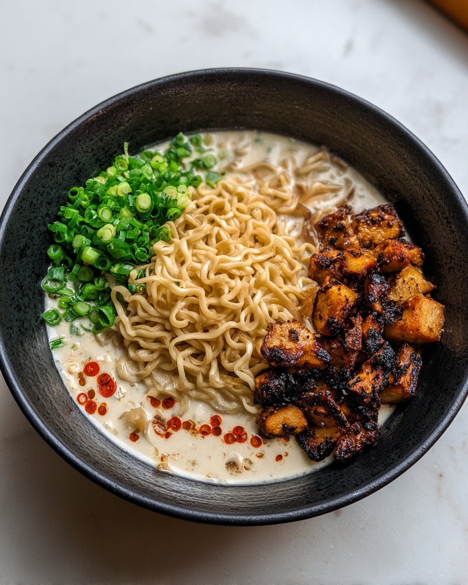 A close-up view of a bowl filled with creamy ramen noodles, showing three main layers: on the left a thick, light beige creamy broth with some red chili powder sprinkled on top; on the right a cluster of dark brown, charred pieces of tofu or meat; and at the back a mound of finely chopped fresh green onions adding bright color. Black chopsticks lift a tangled bunch of yellowish noodles coated in the creamy broth above the bowl. The bowl itself is round, gray, and textured, set against a white marbled background. Steam rises gently from the hot food. Photo taken with an iphone --ar 4:5 --v 7