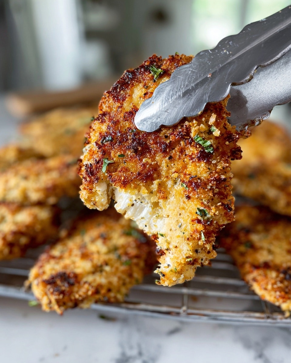 The image shows a close-up of a crispy, golden-brown breaded cauliflower floret held by a pair of metal tongs. The cauliflower's outer layer has a rough texture from the crunchy breading mixed with green herbs and some darker toasted spots for an extra crisp look. Below the floret, there is a rack filled with more similarly breaded cauliflower pieces, all resting on a white marbled textured surface. The background shows a blurry kitchen setting with cabinets and counters in soft focus. photo taken with an iphone --ar 4:5 --v 7