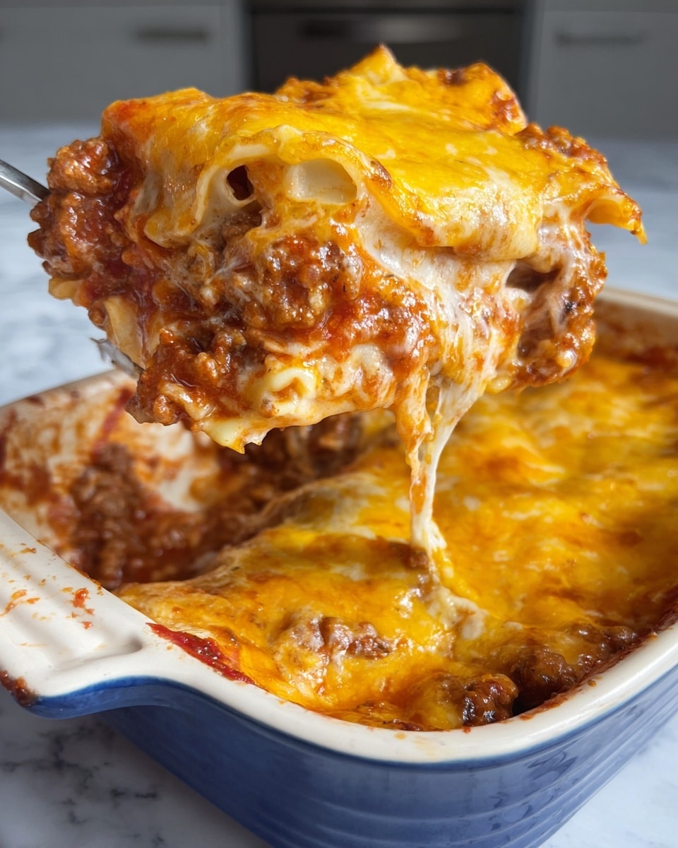 A close-up photo shows a layered casserole scoop being lifted from a white dish with blue edges, placed on a white marbled surface. The dish has at least three layers: the bottom layer appears to be browned meat mixed with a chunky tomato sauce, the middle layer consists of a creamy white sauce or cheese, and the top layer is a bright golden melted cheese with a smooth texture, slightly dripping from the scoop. The food looks hot and rich, with a woman’s hand holding the spoon from the right side. The background features soft-focus kitchen drawers in grey. photo taken with an iphone --ar 4:5 --v 7