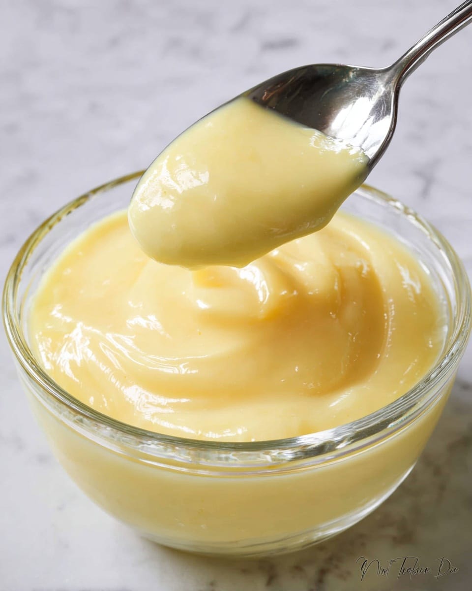 A clear glass bowl sits on a white marbled surface, filled with a single creamy yellow layer of smooth, slightly glossy custard or pudding, with soft swirling textures on top. The custard’s thick, rich consistency is evident from the gentle folds and peaks across its surface, capturing a fresh, homemade look. photo taken with an iphone --ar 4:5 --v 7