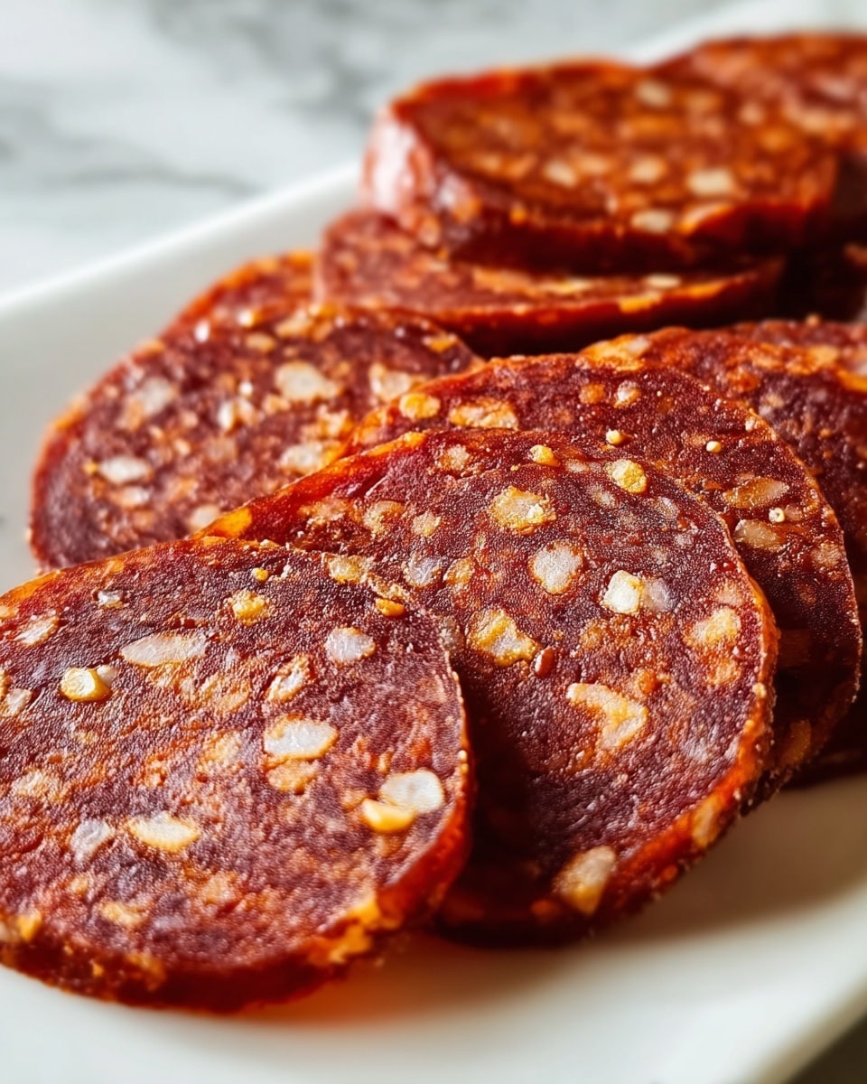 The image shows a close-up of several thin slices of dark red cured sausage arranged in a slightly overlapping row. The sausage has a rough texture with visible white fat spots and small orange specks of spices spread throughout. The slices are on a smooth white plate, placed over a white marbled surface. The lighting highlights the glossy, oily surface of the sausage slices, making them look juicy and flavorful. photo taken with an iphone --ar 4:5 --v 7