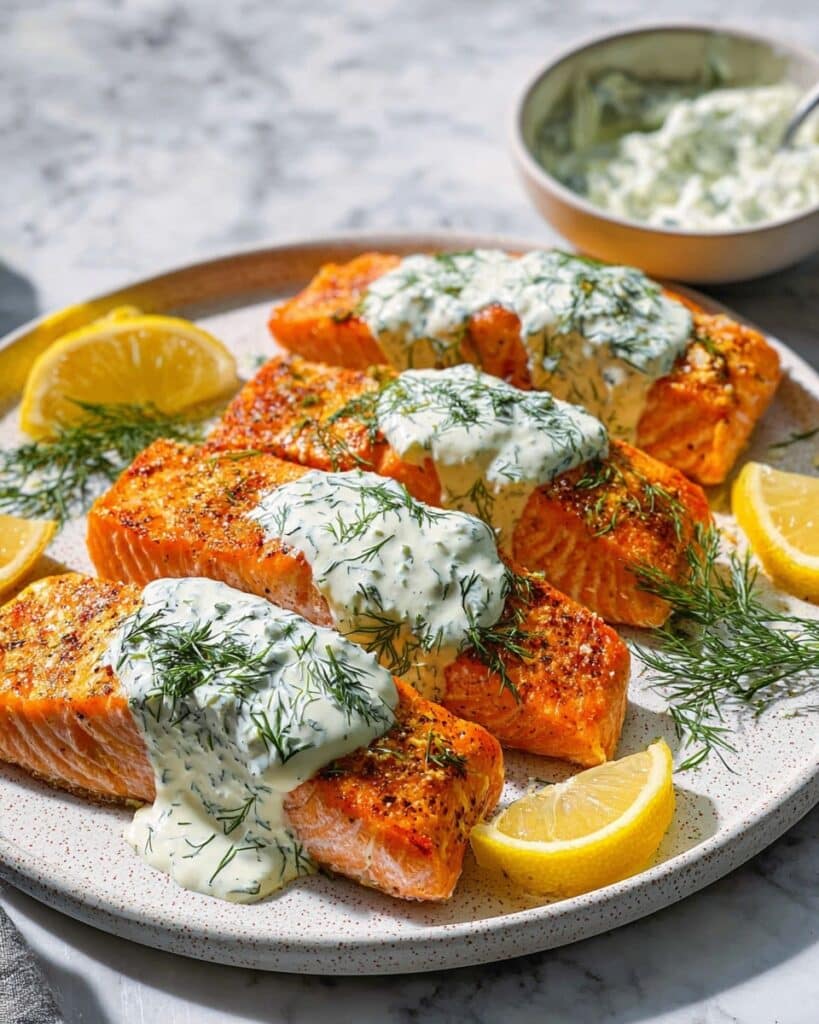 Lemon Dill Salmon with Creamy Greek Yogurt Dill Sauce Recipe