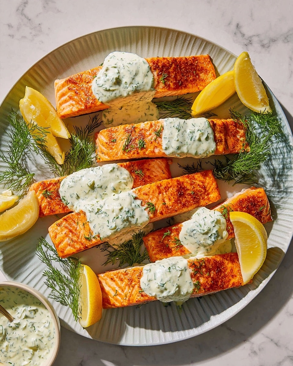Five cooked salmon fillets with a crispy orange-brown top layer are arranged on a large white plate with a subtle texture. Each fillet has a creamy white sauce with green herbs spread on top in uneven dollops, adding contrast. Bright yellow lemon wedges are placed between the fillets, adding fresh color. Sprigs of fresh dill garnish the sauce and plate. The plate sits on a white marbled surface with soft natural light casting gentle shadows. photo taken with an iphone --ar 4:5 --v 7
