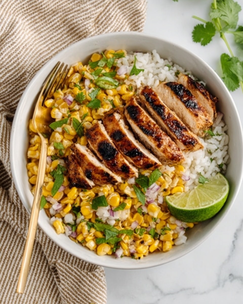 The dish features a white bowl filled with layered food starting with roasted corn at the base, topped with shredded white chicken pieces, scattered fresh green cilantro leaves, thinly sliced red onion rings, and sliced avocado on one side. Two half slices of lime rest near the avocado, adding bright green color. The bowl is placed on a white marbled surface, with a woman's hand holding some ingredients nearby, and soft natural light enhances the textures and colors. Photo taken with an iphone --ar 4:5 --v 7