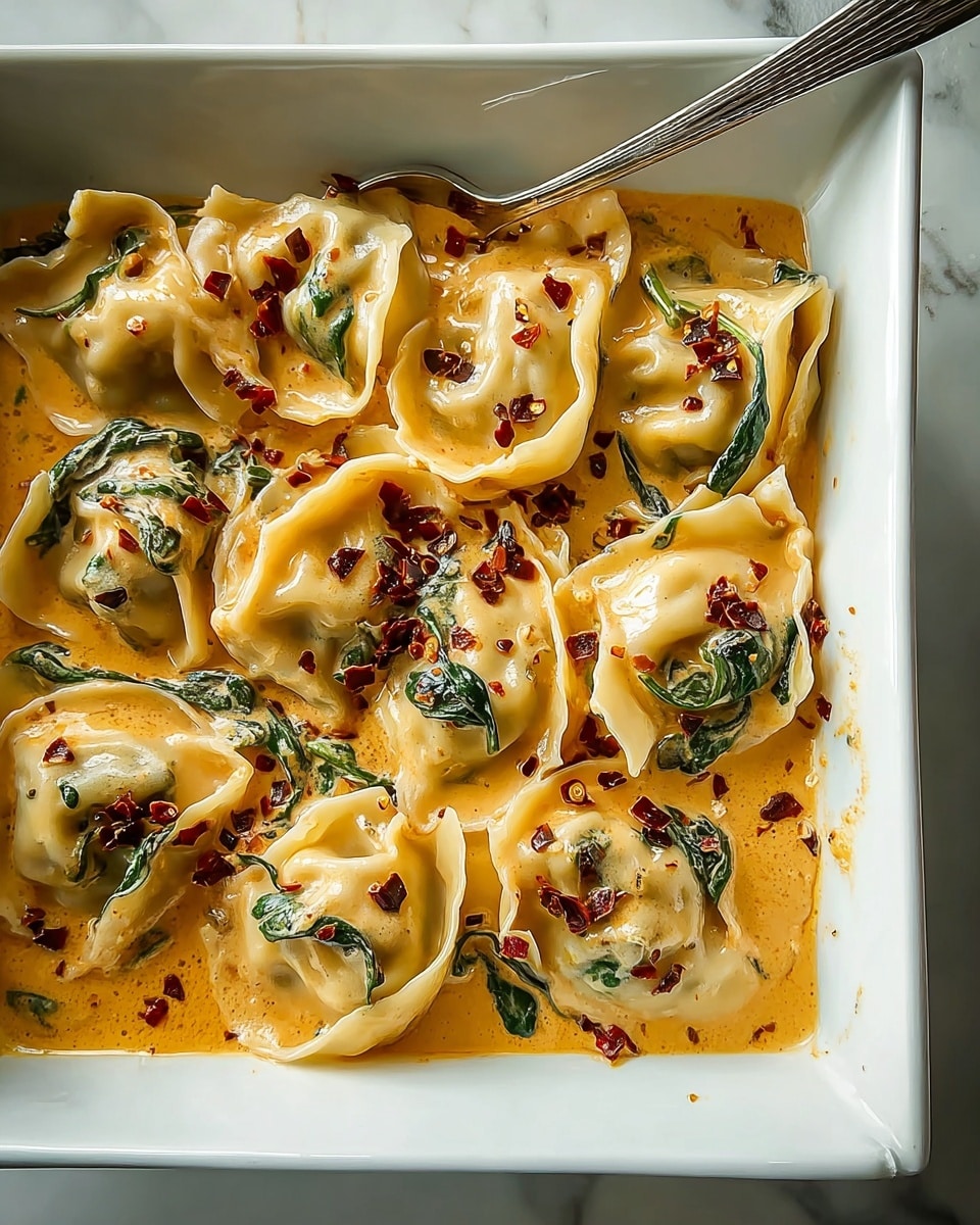 A white rectangular dish filled with two layers of large pasta dumplings covered in creamy, orange-colored sauce mixed with dark green spinach leaves. The top layer of dumplings is slightly folded with a smooth, glossy texture, some edges gently curled. Scattered over the surface are small bits of dark red chili flakes adding specks of vibrant contrast. The sauce pools lightly around the dumplings, showing an inviting, rich texture. A silver fork rests at the upper corner of the dish. The dish is placed on a white marbled surface. photo taken with an iphone --ar 4:5 --v 7