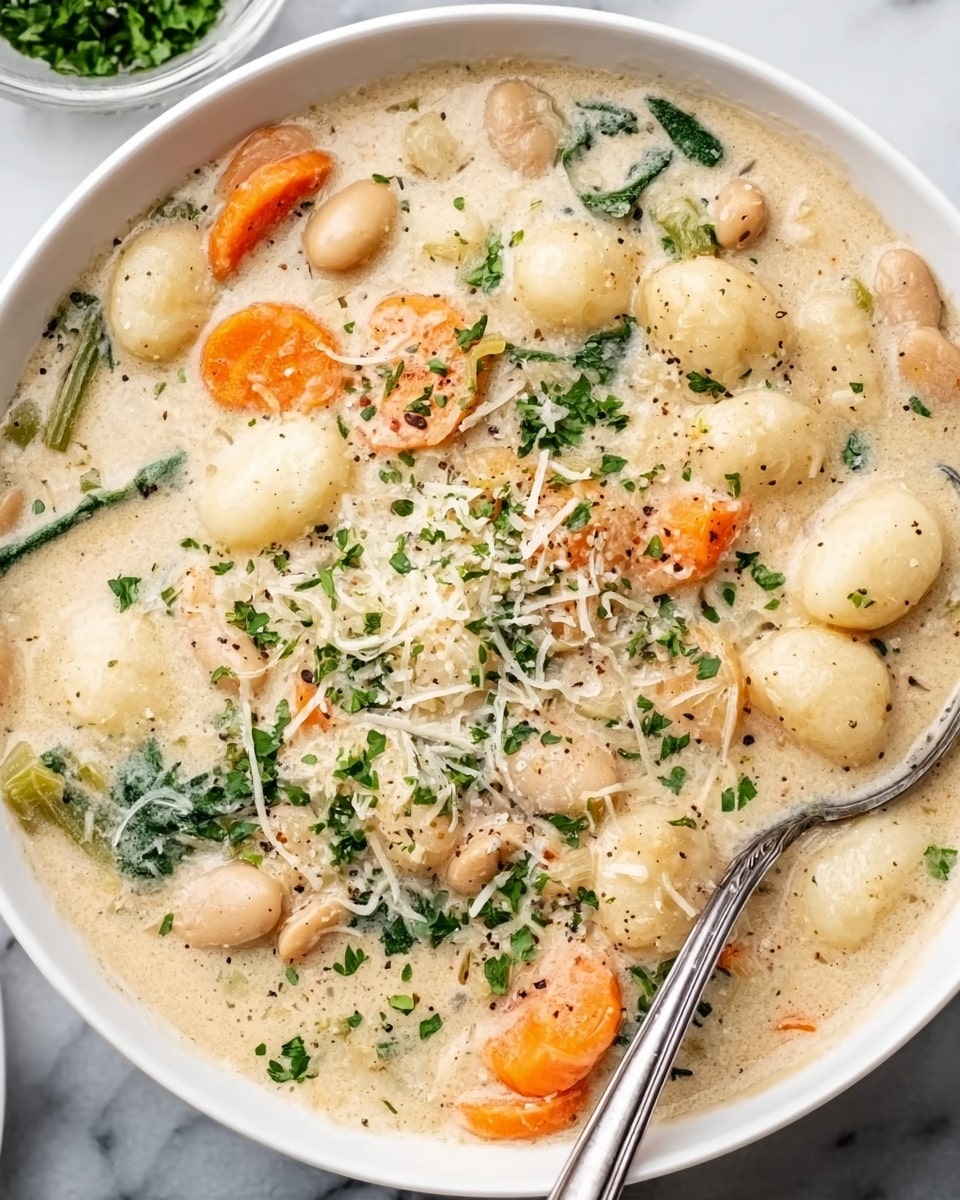 The image shows a bowl of creamy gnocchi soup with a smooth white creamy broth filled with three layers of ingredients. The bottom layer has small round white gnocchi pieces spread evenly. The middle layer includes slices of orange carrots, green chopped celery, and some whole white beans, all mixed well. The top layer is finished with chopped green herbs sprinkled all over and some grated cheese adding texture. A spoon is in the bowl, resting inside the soup, and the bowl itself is white, set on a white marbled surface. Photo taken with an iphone --ar 4:5 --v 7