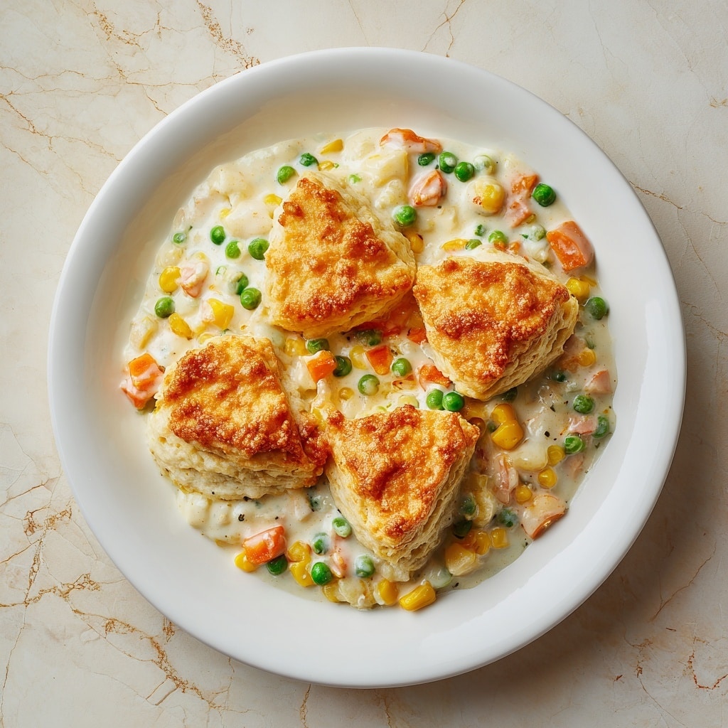 A white plate holds a creamy dish with three main layers. The base layer is a smooth, thick white sauce mixed with bright orange carrot pieces, green peas, and yellow corn kernels spread evenly throughout. On top of this are golden brown biscuit pieces with a soft, fluffy texture and slightly crispy edges, placed in a triangular shape across the plate. The dish looks warm and comforting, with the vegetables adding spots of color against the creamy sauce and biscuit topping. The whole scene is set on a white marbled textured surface. photo taken with an iphone --ar 4:5 --v 7