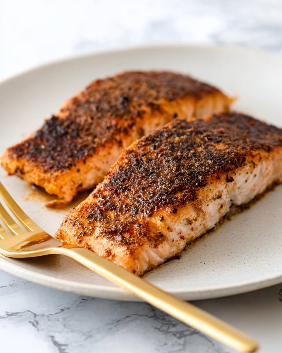 The image shows three pieces of cooked salmon with a crispy golden-brown crust, sprinkled with black pepper and small green herbs. The salmon pieces are square and slightly thick, placed close to each other on a round white plate. There are two lemon wedges positioned near the salmon pieces on the plate. The background is a white marbled texture. Photo taken with an iphone --ar 4:5 --v 7