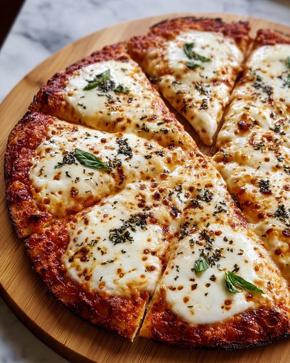 A round pizza sliced into eight pieces sits on a wooden board over a white marbled surface. The pizza has three visible layers: a thin, golden-brown crust with some darker, crisp edges; a reddish-orange tomato sauce layer beneath; and a thick, bubbly cheese layer on top, mostly white with browned spots from baking. The cheese is soft and stretchy, dotted with herbs and small green basil leaves scattered across the surface. The pizza looks fresh, with slightly melted cheese pooling in some spots. Photo taken with an iphone --ar 4:5 --v 7