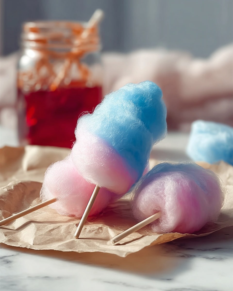 The image shows three sticks of cotton candy placed on a crinkled brown paper sheet on a white marbled surface. Each cotton candy has two layers: a soft blue layer on top blending into a light pink layer underneath, creating a fluffy and airy look. The sticks are light wooden skewers, with two cotton candies leaning on the surface and one slightly tilted, standing upright. In the blurred background, there is a glass jar with some red syrup inside, and soft, out-of-focus cloth adds a gentle touch to the setting. Photo taken with an iphone --ar 4:5 --v 7