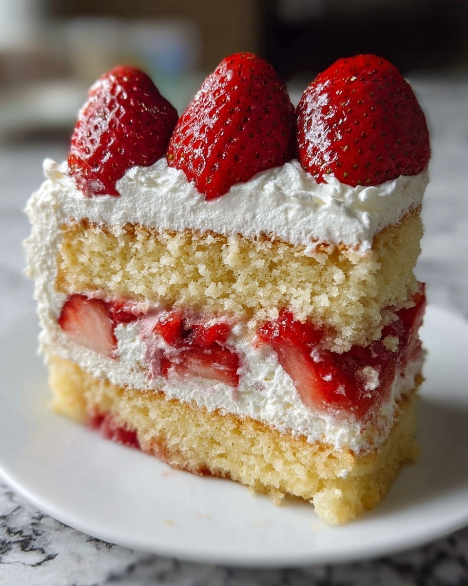A slice of strawberry shortcake is shown on a white plate, placed on a white marbled surface. The cake has three main layers: the bottom and middle layers are light yellow sponge cake with a soft, crumbly texture, separated by white creamy whipped layers mixed with bright red sliced strawberries. The top layer is a thick spread of white whipped cream, topped with three large, shiny whole strawberries arranged in a row. The overall look is fresh, moist, and inviting. Photo taken with an iphone --ar 4:5 --v 7