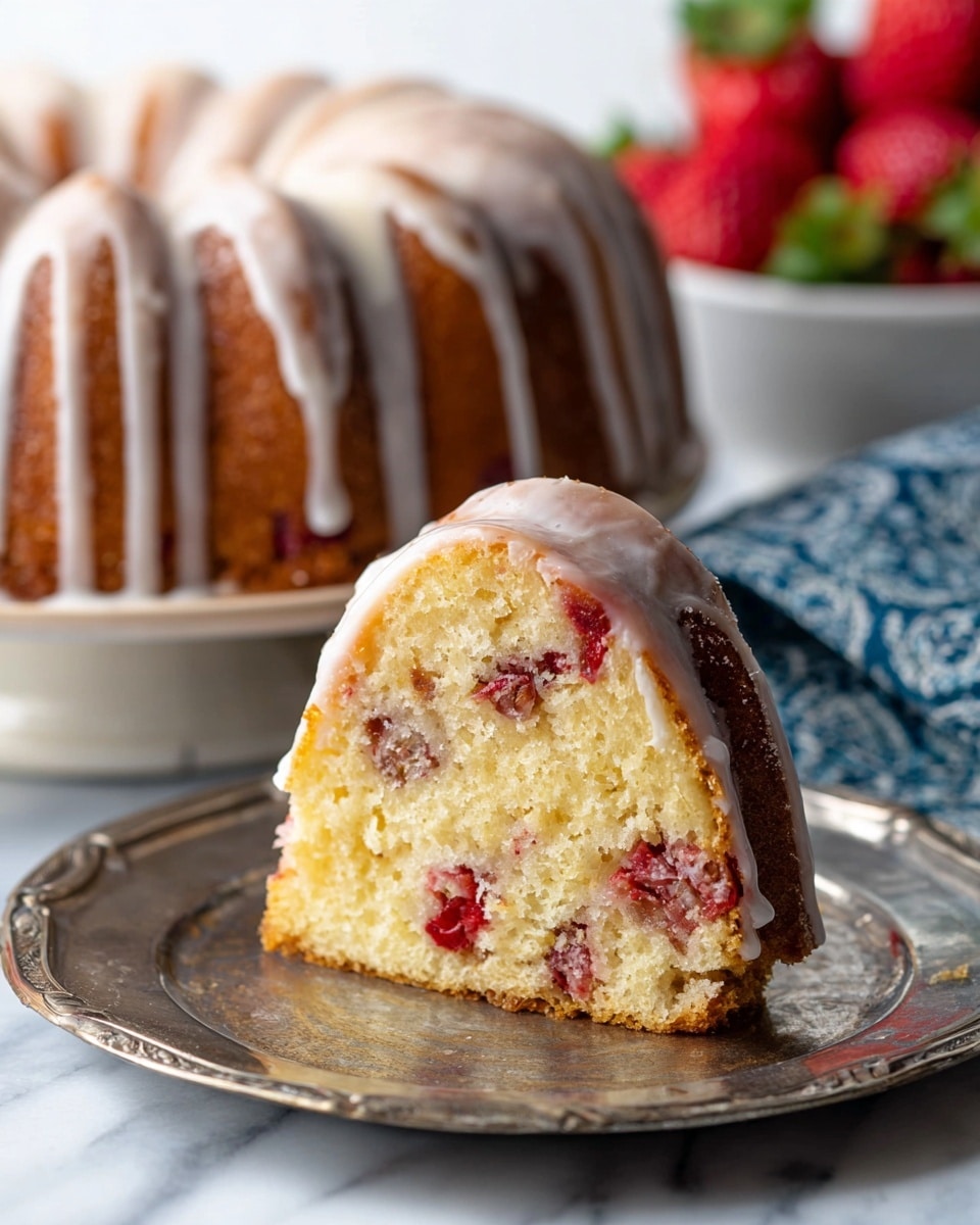 A thick slice of bundt cake sits on a slightly worn silver plate, showing a dense, moist inside with bits of red fruit evenly spread throughout the creamy yellow cake. The slice is topped with a shiny white glaze that drips down its rounded edges. Behind it, the rest of the bundt cake, covered with the same glaze, sits on another plate. In the blurred background, a white bowl full of ripe red strawberries and part of a blue and white patterned cloth add color, all placed on a white marbled surface. Photo taken with an iphone --ar 4:5 --v 7