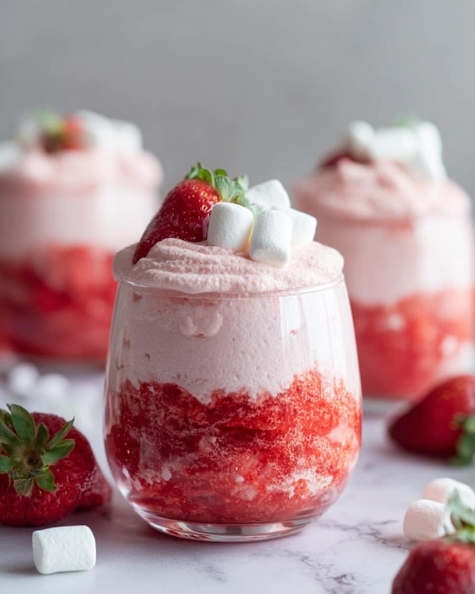 A clear glass cup shows two layers: the bottom layer is a red, slightly chunky strawberry puree, while the top layer is a thick, pale pink creamy mousse with soft texture. The mousse layer is smooth and slightly overflowing above the rim of the glass. On top, there is one whole strawberry with green leaves and two small white meringue kisses as decoration. The glass is placed on a white marbled surface, surrounded by whole fresh strawberries and some scattered mint leaves and white meringue pieces. Photo taken with an iphone --ar 4:5 --v 7