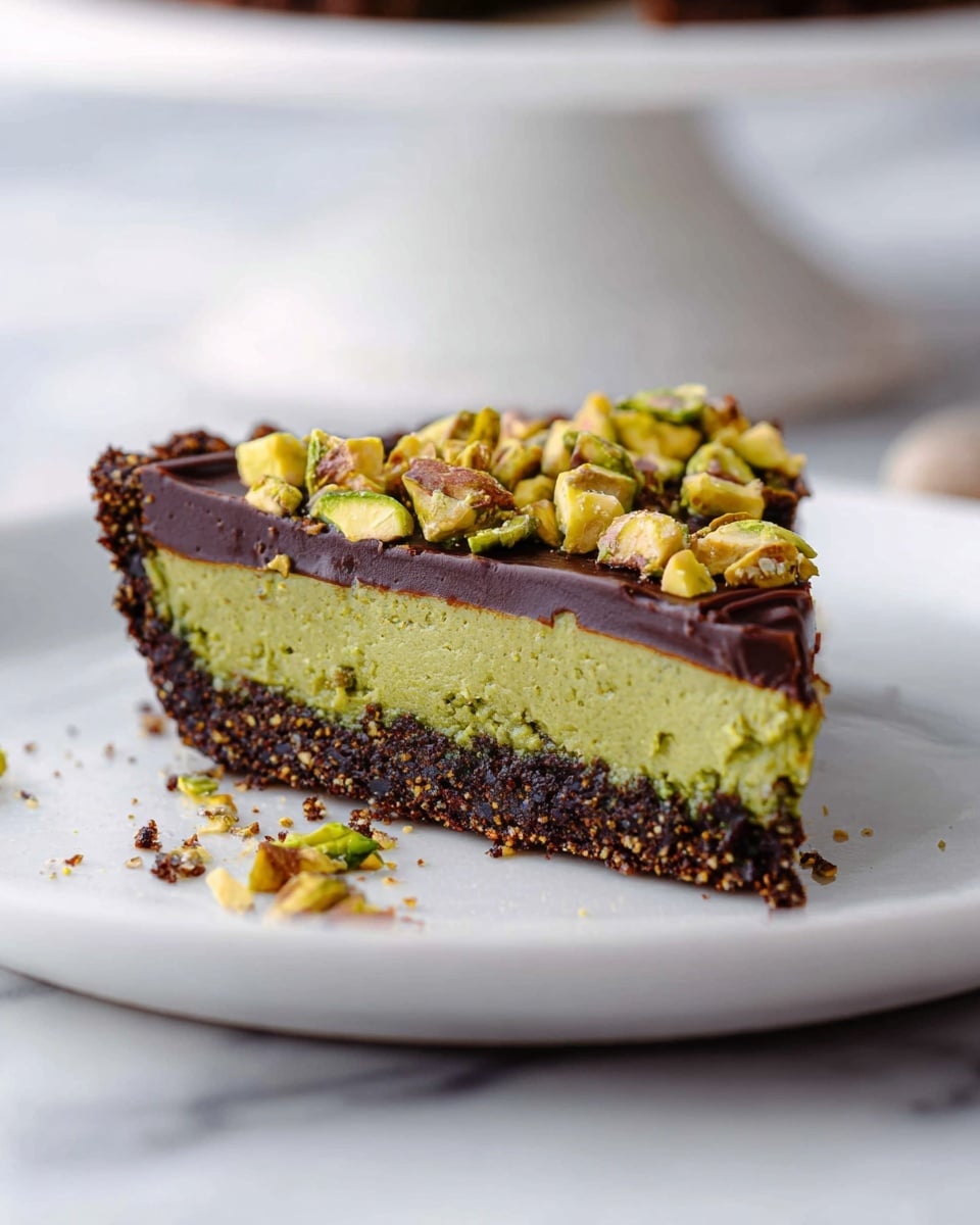 A single slice of tart sits on a white plate with a white marbled background. The tart has three layers: the bottom is a dark brown, crumbly crust, above it is a thick, green pistachio cream layer with a slightly grainy texture, and the top layer is a smooth, glossy dark chocolate ganache. The ganache is decorated with chopped green pistachios scattered on top and a few pieces fall around the slice on the plate. The whole scene is brightly lit, focusing on the rich texture and colors of the tart. photo taken with an iphone --ar 4:5 --v 7