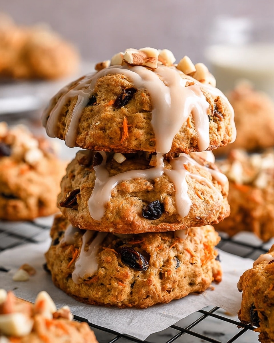 A stack of three golden brown scones sits on a white parchment paper-covered rack with a white marbled texture in the background. The bottom and middle scones are whole, each topped with a light pink glaze that drips down the sides and scattered chopped nuts. The top scone is cut in half and stacked, showing a soft, moist inside with visible raisins and nut pieces. Small bits of grated carrot and nut pieces are scattered around the scones, adding texture and color contrast. Photo taken with an iphone --ar 4:5 --v 7