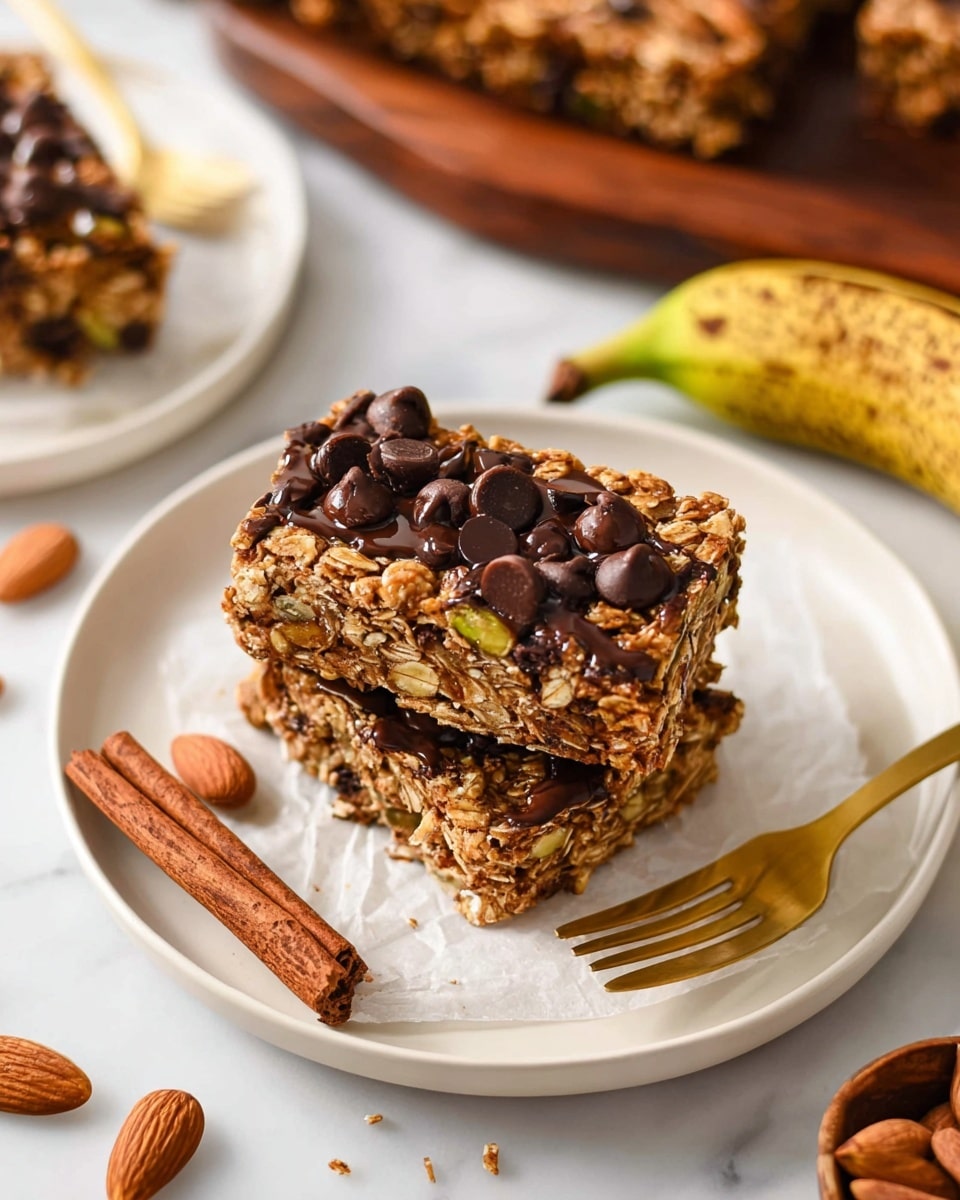 The image shows several thick, rectangular oat bars with a rough, textured surface full of visible oats, seeds, and nuts. The bars are golden brown with scattered dark brown chocolate chips on top, some slightly melted, adding a glossy shine. They are placed on white parchment paper over a wooden board on top of a white marbled surface. Pieces of nuts and seeds are seen around the bars, adding more texture and color, while a small part of a cinnamon stick and a yellow banana with brown spots are visible near the bottom. Photo taken with an iphone --ar 4:5 --v 7