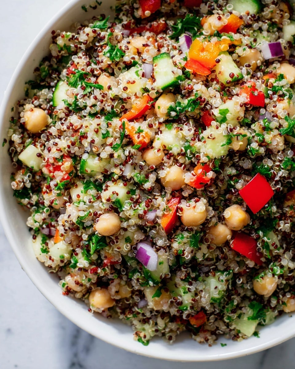 This image shows a close-up of a mixed quinoa salad in a white bowl resting on a white marbled surface. The salad has three visible layers: the base layer is mixed white and red quinoa grains, soft and tiny with a slightly fluffy texture. The middle layer consists of creamy, light beige chickpeas scattered evenly. On top, there are chopped colorful vegetables including bright red bell pepper pieces, small green cucumber cubes, finely chopped fresh parsley, and tiny bits of purple red onion, all mixed throughout. The overall look is fresh, vibrant, and healthy with a mix of soft, crisp, and leafy textures. Photo taken with an iphone --ar 4:5 --v 7