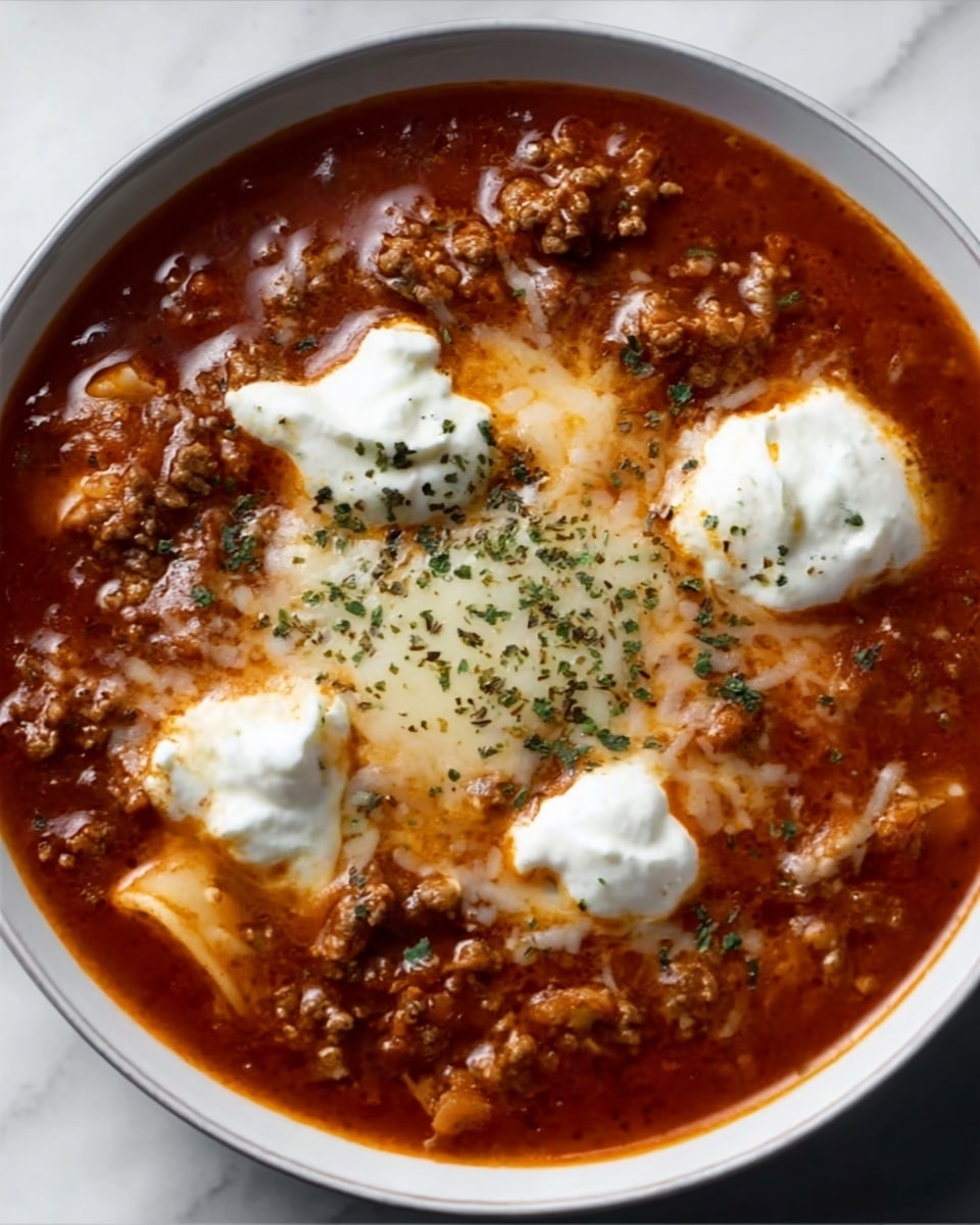 A white bowl filled with a thick, reddish-orange soup with visible chunks of meat, beans, and some noodles or pasta. On top, there are three white dollops of cream or sour cream spaced around the bowl, and a melted layer of yellowish cheese with some herbs sprinkled over it. The soup looks hearty and textured, with small flecks of seasoning adding detail. The background surface is a white marbled texture. Photo taken with an iphone --ar 4:5 --v 7