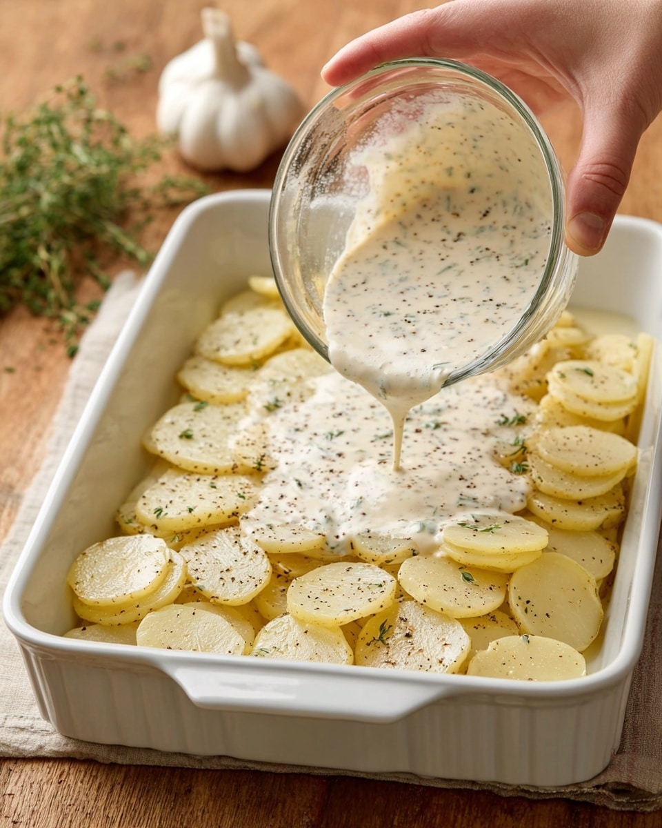 A white oval baking dish holds a golden brown potato gratin with about three visible layers of thin, round potato slices. Each slice is creamy white with browned, crispy edges, covered in a bubbly, slightly charred cheese sauce that gives a textured, crusty top. Small green herb leaves are scattered over the top, adding a touch of color, and there is a light sprinkling of black pepper. The dish sits on a folded yellow and white checkered cloth over a white marbled surface. Photo taken with an iphone --ar 4:5 --v 7
