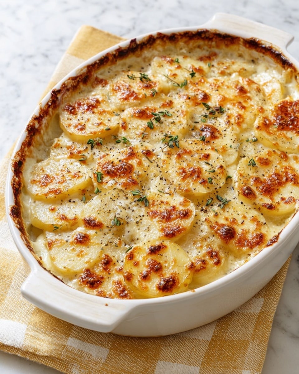 A white rectangular baking dish holds one visible layer of thin, round, pale yellow potato slices, each sprinkled with black pepper and some salt, arranged neatly to cover the base. A woman's hands are shown; one holding the baking dish and the other pouring a creamy sauce with visible herbs and black pepper from a clear glass bowl over the potatoes. The creamy sauce is off-white with flecks of green herbs and black pepper, slowly spreading over the top layer. In the background, there is a wooden surface and a garlic bulb with green herbs. Photo taken with an iphone --ar 4:5 --v 7