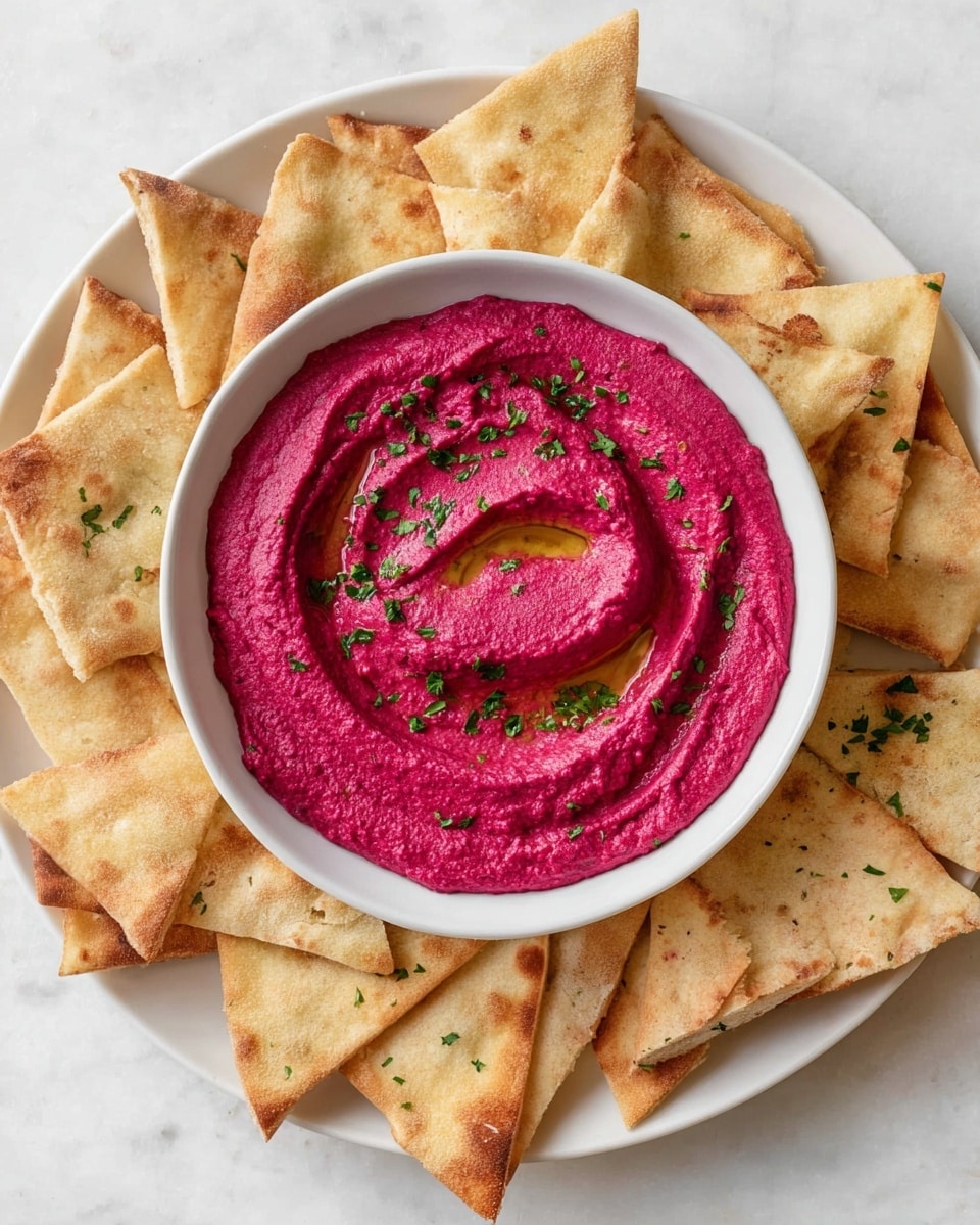 A round white bowl filled with smooth, bright pink beet hummus with a swirled texture on top, drizzled with golden olive oil and sprinkled with small chopped green herbs; the bowl is centered on a large white plate covered by a single layer of triangular toasted pita chips, which are light golden brown with some darker spots and a slight rough texture, all set on a white marbled surface. photo taken with an iphone --ar 4:5 --v 7