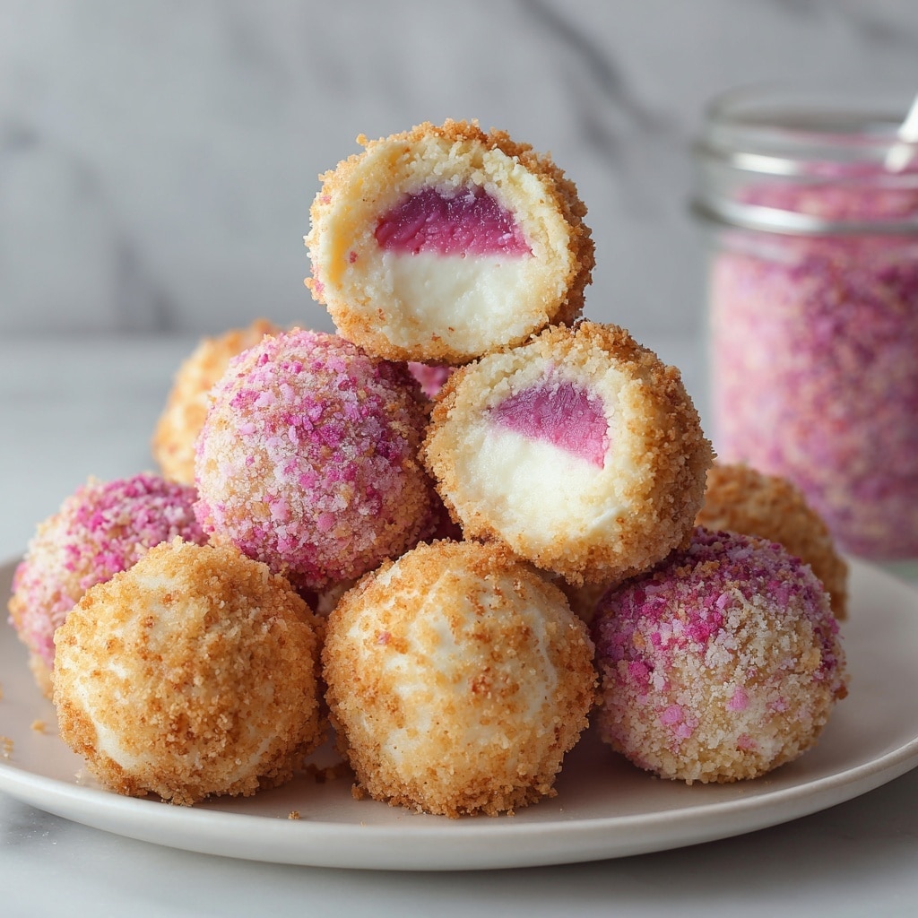 The image shows a close-up of several round dessert balls, each with three clear layers: a crumbly light golden brown base, a thick creamy white middle layer, and an outer coating of pink and white crushed crumbs giving a rough texture. One ball on top is cut in half, revealing a bright pink center inside the creamy layer. The balls are piled on a white plate, with a blurred jar with similar pink crumbs in the background on a white marbled surface. The colors and textures are bright and inviting. photo taken with an iphone --ar 4:5 --v 7