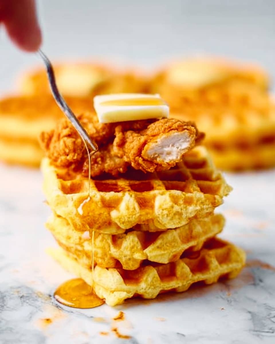 The image shows a small stack of waffles with three layers placed on a white marbled surface. The bottom layer is a golden brown waffle, soft and textured with square indentations. On top of it, there is a piece of crispy fried chicken with a crunchy, rough surface. The third layer is another golden brown waffle, slightly smaller and thinner than the bottom one. A square piece of melting butter sits on the top waffle, with thick amber syrup dripping over all the layers, adding shine and a sticky texture. A woman's hand holds a fork, placing it into the stack. In the background, there are more waffles that are softly blurred. Photo taken with an iphone --ar 4:5 --v 7