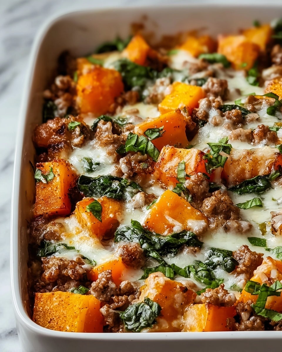 The dish shows a close-up of a baked casserole with three main layers visible: large, bright orange chunks of roasted butternut squash form the base, topped unevenly by small, browned ground meat crumbles, and scattered fresh dark green spinach leaves adding contrast. Melted white cheese is lightly spread on top, appearing soft and stringy between the other ingredients. The whole dish is set in a white tray on a white marbled surface. Photo taken with an iphone --ar 4:5 --v 7