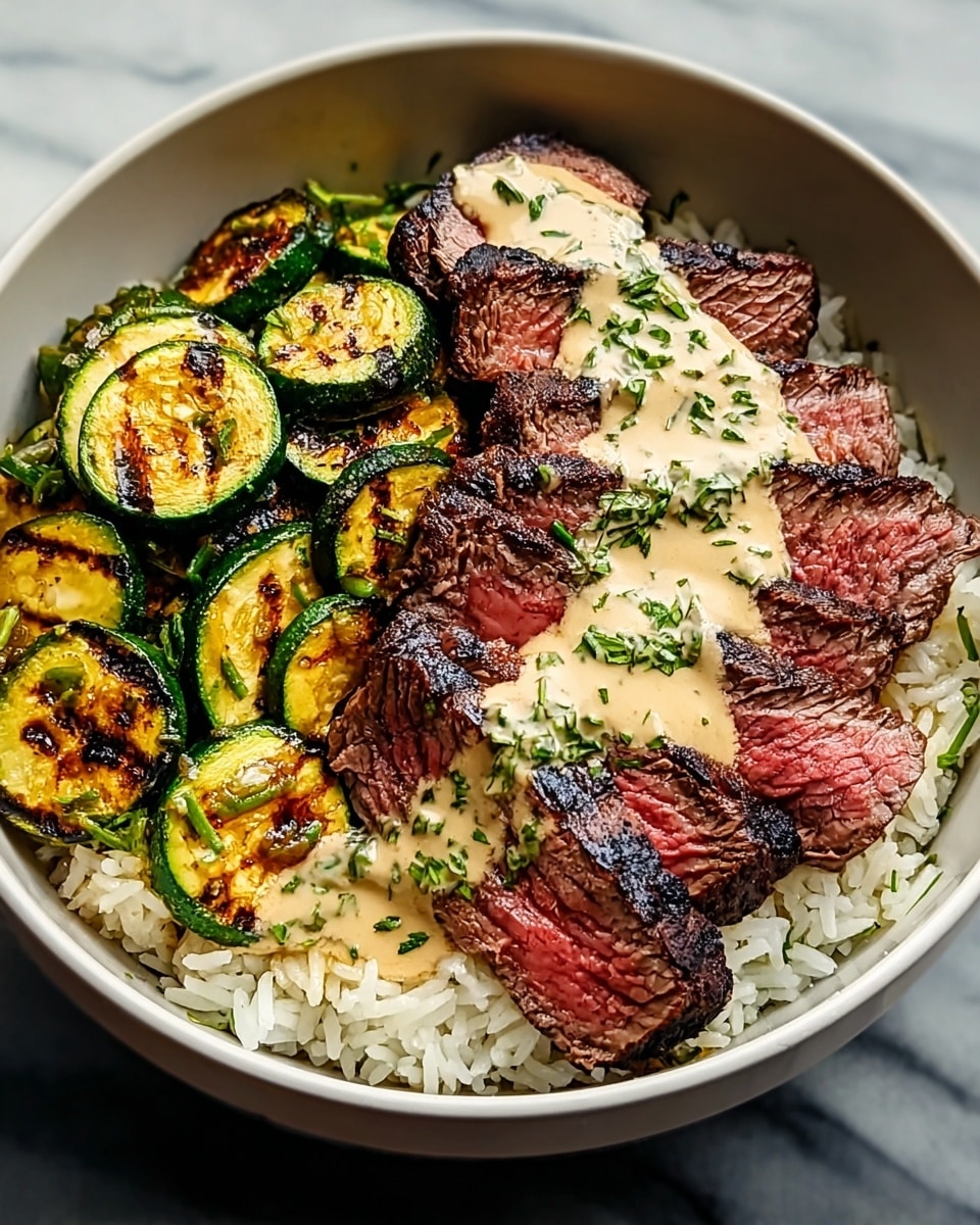 A white bowl filled with three main layers: the bottom layer is a bed of fluffy white rice with soft texture, the middle layer consists of grilled zucchini slices with green skin and charred yellow-brown grill marks around the edges, and the top layer shows several slices of medium-rare steak featuring a pink center with dark, almost blackened grill marks on the outside. Creamy light beige sauce with green herbs is spread generously over the steak slices. The bowl is placed on a white marbled surface, photo taken with an iphone --ar 4:5 --v 7