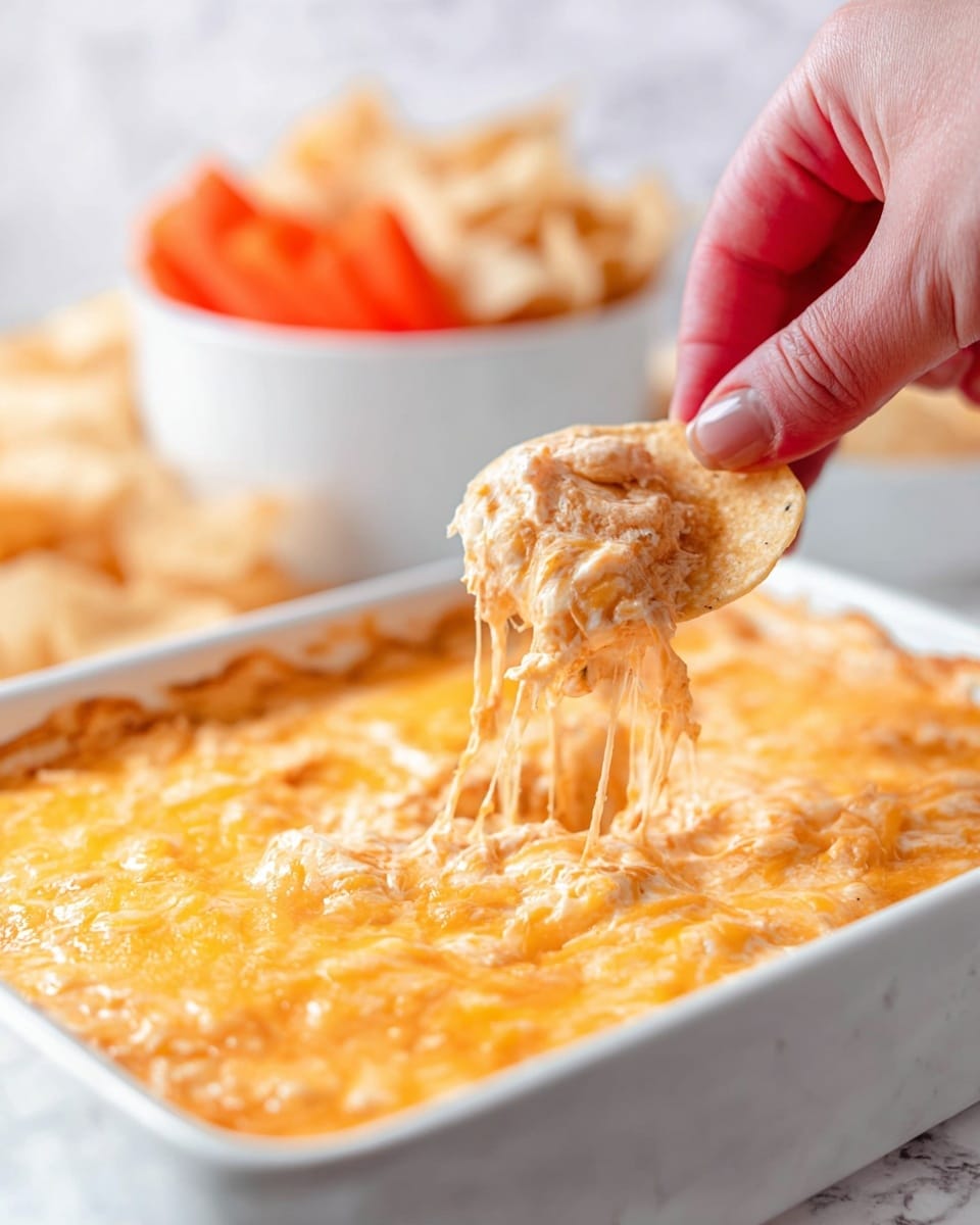 A square white baking dish filled with a thick, creamy dip covered by a smooth, bright orange melted cheese layer, sits on a dark wooden board. Around it, there are white bowls of crunchy yellow tortilla chips on the bottom left and some scattered on the white marbled surface top right, along with a bowl of fresh green celery sticks above and a bowl of small orange baby carrots on the left. A light green and white striped cloth is placed at the bottom right corner of the image. photo taken with an iphone --ar 4:5 --v 7