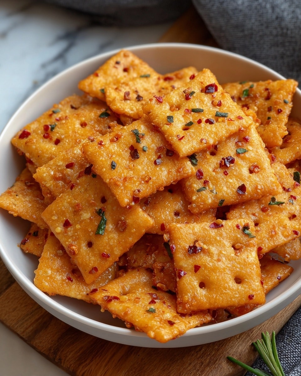 A close-up of a white bowl filled with one layer of crispy, golden-brown square crackers. The crackers have a rough texture with small bubbles and are sprinkled evenly with red chili flakes and tiny green herb bits, giving them a colorful, spicy look. The bowl is placed on a white marbled surface with some green herbs faintly visible in the background. photo taken with an iphone --ar 4:5 --v 7