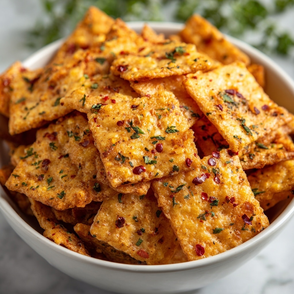 A white bowl filled with many crispy, golden-orange square crackers stacked together. Each cracker has a lightly bumpy texture with small red chili flakes and green herb pieces sprinkled on top, adding color and a spicy look. The bowl sits on a white marbled surface, with part of a wooden board and a gray cloth visible in the background. The overall scene looks warm and inviting, with natural light enhancing the crunchiness and seasonings on the crackers. photo taken with an iphone --ar 4:5 --v 7
