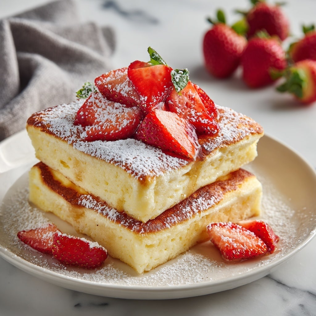 A stack of three golden-brown pancakes is arranged in the center of a white plate, each pancake showing a soft and fluffy texture with slightly crisp edges. The top pancake is dusted lightly with white powdered sugar and topped with several fresh, bright red strawberry slices that reveal their juicy and glossy interior, along with green leafy tops. A whole strawberry is placed out of focus on the white marbled surface next to the plate, which adds to the fresh and inviting look. The image captures a cozy and clean breakfast scene, photo taken with an iphone --ar 4:5 --v 7