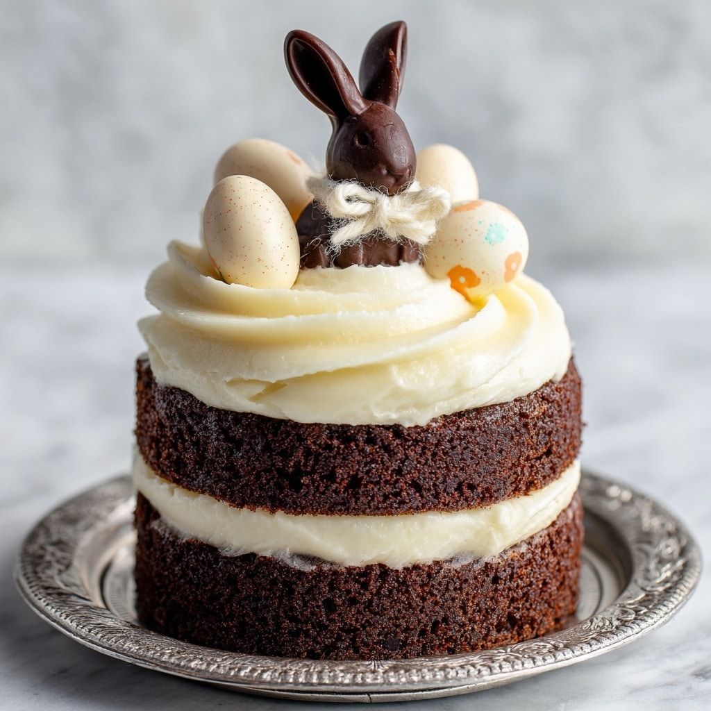 A small two-layer chocolate cake with thick swirls of white cream between the dark brown layers and on top. The top cream layer is decorated with a small solid chocolate bunny wearing a white bow and two white speckled candy eggs on each side. The cake sits on an ornate silver plate, against a softly blurred white marbled background with similar cakes out of focus. photo taken with an iphone --ar 4:5 --v 7