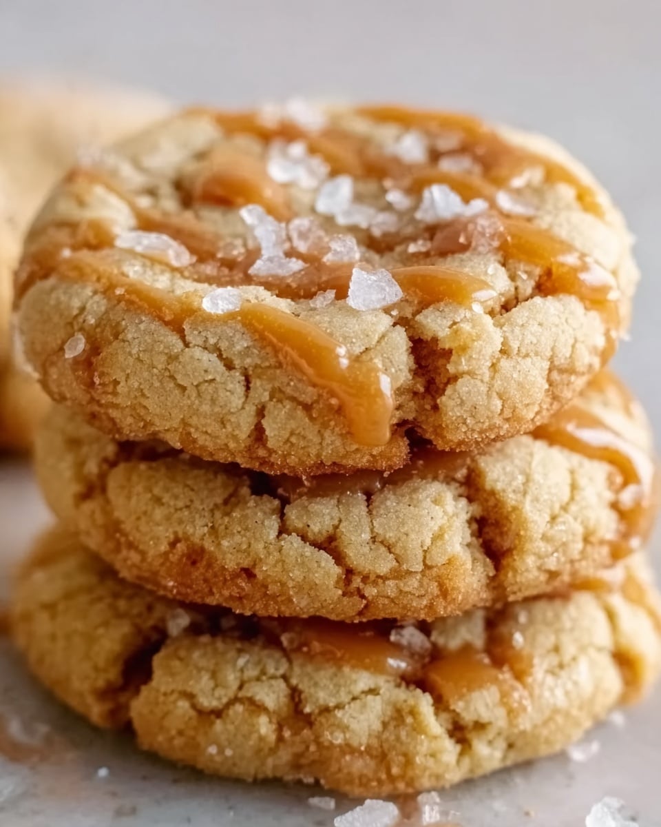 A close-up of a stack of two soft cookies on a white marbled surface, each cookie has a light golden brown color with a slightly cracked top showing a smooth, gooey caramel center. The cookies have small white sugar crystals sprinkled on top to add texture. The edges are thicker and slightly darker than the middle, showing a chewy texture. Photo taken with an iphone --ar 4:5 --v 7