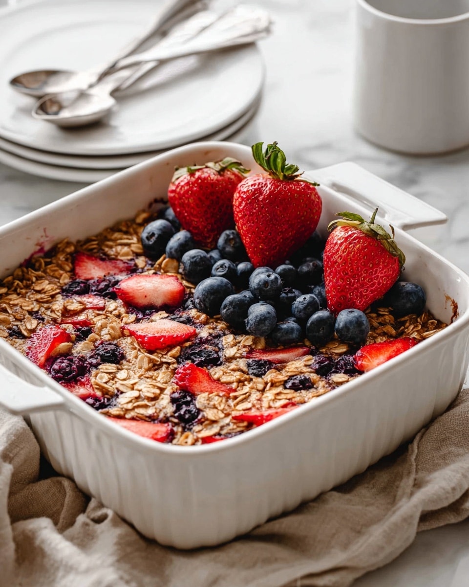A white baking dish filled with a thick layer of baked oatmeal mixed with oats and dark blueberries, with slices of red strawberries spread throughout the oatmeal. On top of the baked oatmeal, there is a tall pile of whole bright red strawberries and a bunch of fresh, plump dark blueberries clustered next to them. The dish sits on a white marbled surface with a beige cloth nearby and two white plates stacked with two silver spoons on top in the background. Photo taken with an iphone --ar 4:5 --v 7