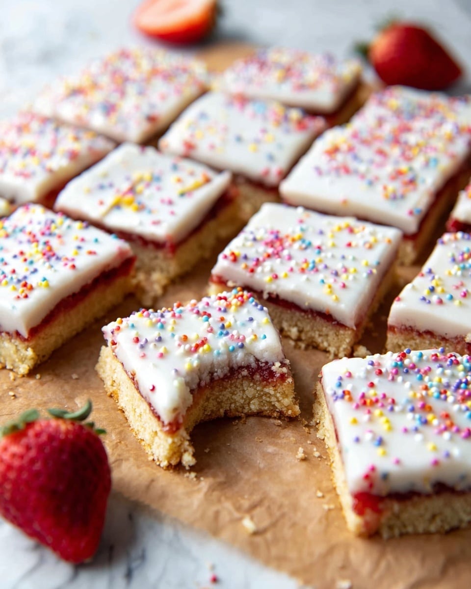 The image shows a stack of dessert bars with three visible layers: the bottom layer is a dense golden crust, the middle layer is a slightly darker, jam-like filling with a reddish hue, and the top layer is a smooth white icing covered with small colorful sprinkles in red, blue, yellow, pink, and white. There are multiple bars stacked, with two bars prominently on top of one another. The bars are placed on a white plate with a fresh red strawberry next to them, all set on a white marbled texture surface. Photo taken with an iphone --ar 4:5 --v 7